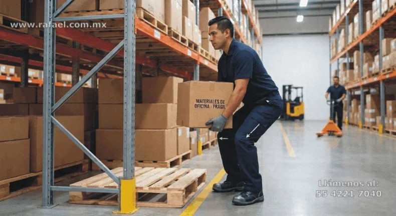 Ejemplo de un Trabajador realizando el levantamiento ergonómico manual de una caja de cartón, de acuerdo a la 
         NOM-036-1-1STPS-2018, empleando su equipo de protección personal.