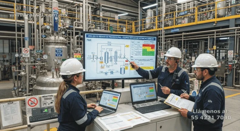 Ejemplo de un Análisis de riesgos, grupo de ingenieros revisando todos los sistemas críticos de la empresa.