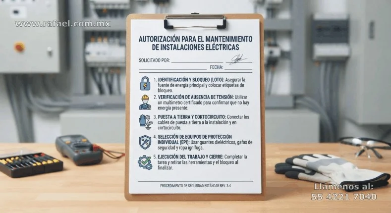 Ejemplo de una Autorización por escrito para la realización de trabajos a instalaciones eléctricas, en el que se indica: fecha, 
         Idendificación y bloqueo, Verificación de ausencia de tensión, puesta a tierra y cortocircuito, selección del equipo de protección 
         personal, ejecución del trabajo y cierre.