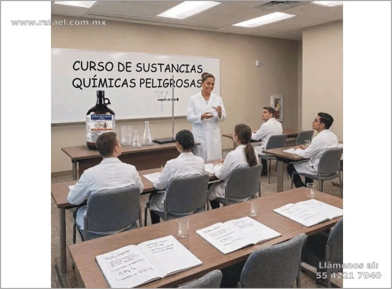 Ingeniera química impartiendo capacitación a los trabajadores que emplean las sustancias en la empresa