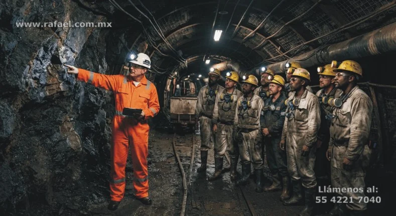 Ingeniero explicando los riesgos en el interior de una mina subterránea de carbón.