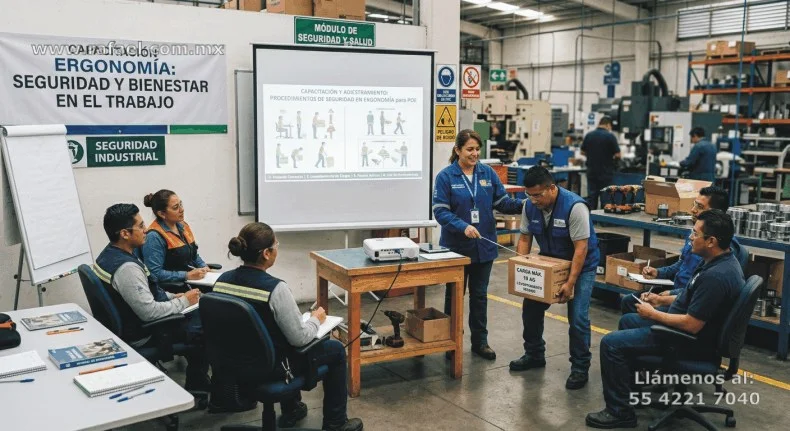 Ejemplo de un Grupo de trabajadores siendo capacitados para levantar cargas manuales de manera ergonómica, se exponen los beneficios 
         para la salud al realizarlo de manera adecuada.