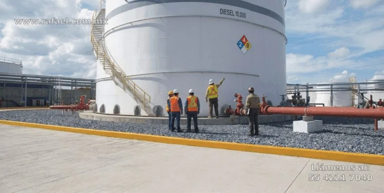 Ingeniero explicando los riesgos de la electriciad estática en un depósito de combustible.