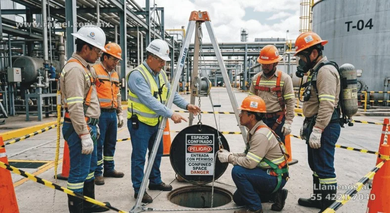 Instructor impartiendo capacitación y adiestramiento en campo, a un grupo de trabajadores, tanto el uso adecuado de todo su equipo 
         de protección personal, así como del equipo para ascenso y descenso en el interior de una cisterna.