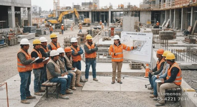Ejemplo de capacitación a los trabajadores que laboran en una construcción grande; en particular una arquitecta indicando los 
         riesgos principales que se presentan en cada área.