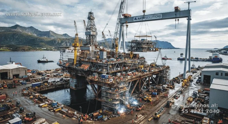 Ejemplo de una Obra clasificada como grande a la orilla del mar, con naves industriales, donde se maquilan piezas para su 
         posterior colocación en la plataforma principal.