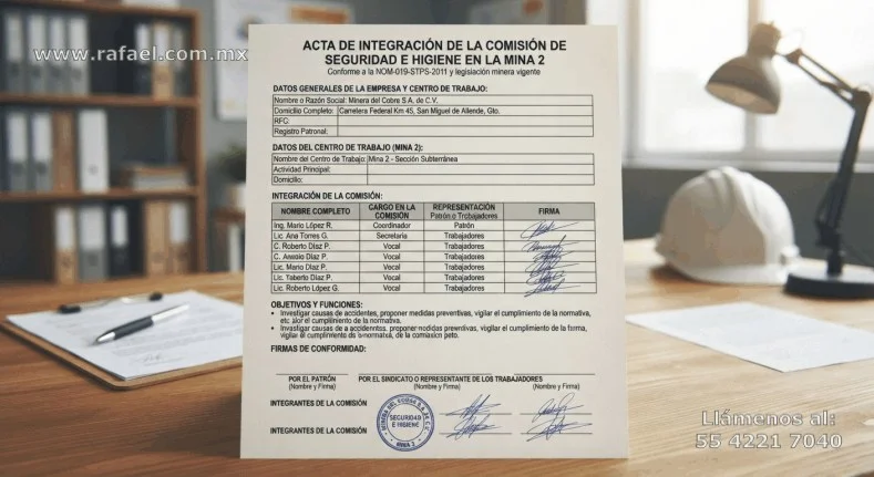 Ejemplo de un Acta de integración de la Comisión de Seguridad e Higiene, desarrollada según la NOM-019-STPS-2011, conteniendo:
         Un coordinador, un secretario y 4 vocales.