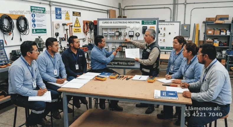 Equipo de electricistas recibiendo capacitación para proporcionar el adecuado mantenimiento eléctrico en la empresa.