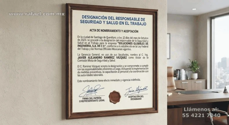 Ejemplo de un Documento enmarcado en la pared donde se realiza la designación del responsable de seguridad y salud. Mismo que 
         contiene Firma del patrón y Aceptación del designado.