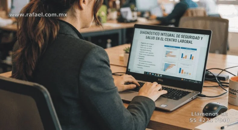 Ejemplo de una Persona frente a una computadora elaborando el diagnóstico de seguridad y salud en el trabajo, considerando toda 
         la normatividad oficial mexicana y legislación aplicable.