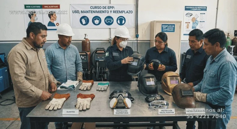Soldadores siendo capacitados sobre el uso del equipo de protección personal