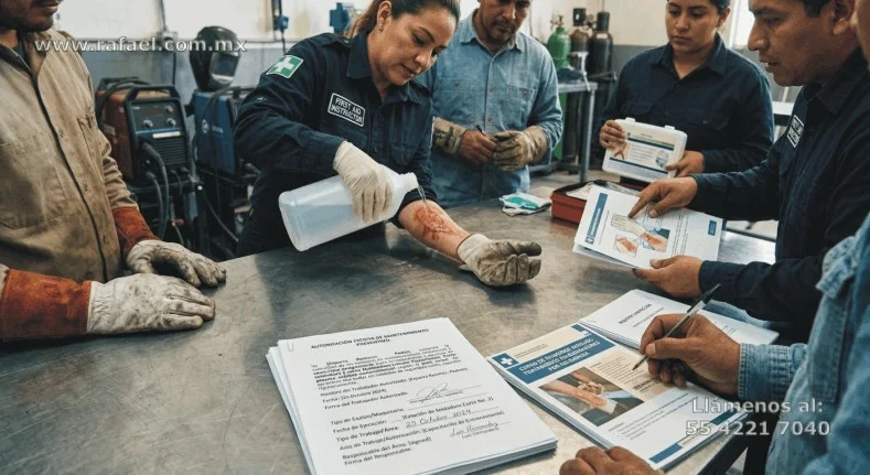 Grupo de trabajadores recibiendo el curso de primeros auxilios por accidentes con soldadura