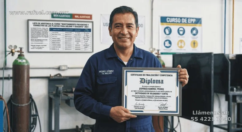 Soldador exhibiendo Diploma relativo a Soldadura y Corte