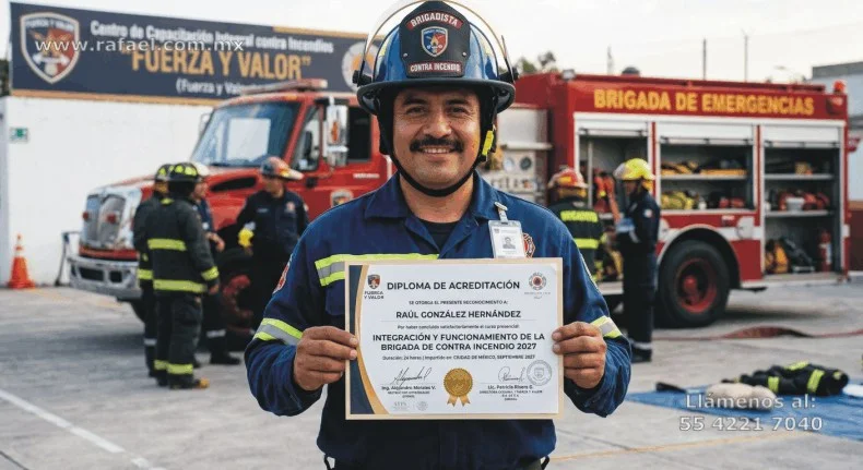Brigadista exhibiendo Diploma que se capacitó contra incendio