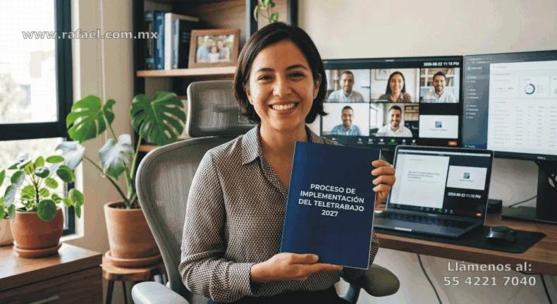 Ejecutiva de empresa mostrando ejemplo del Proceso de implementación del teletrabajo 2027.