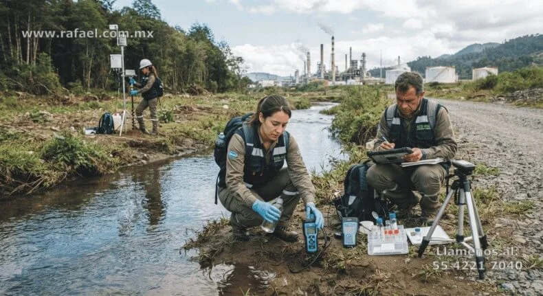 Equipo multidisciplinario de ecología realizando revisión e impacto de aguas residuales, muestreando, para determinar el 
         contenido de todos los contaminantes vertidos al agua.
