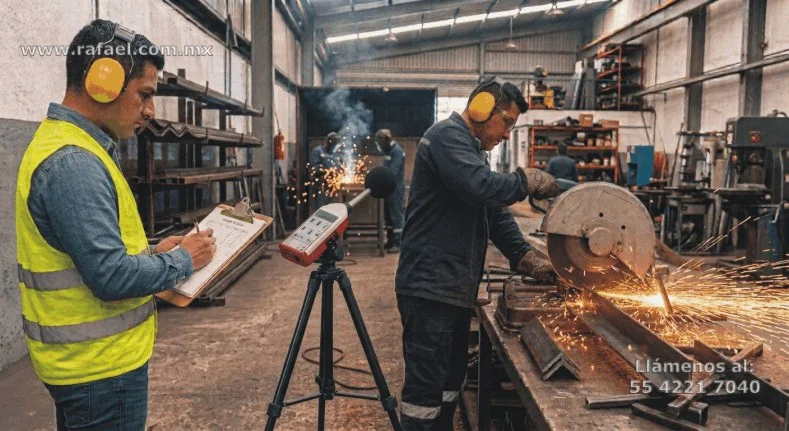 Ingeniero realizando la evaluación del ruido en todas las áreas del centro de trabajo donde haya trabajadores expuestos a niveles 
         sonoros iguales o superiores a 80 dB