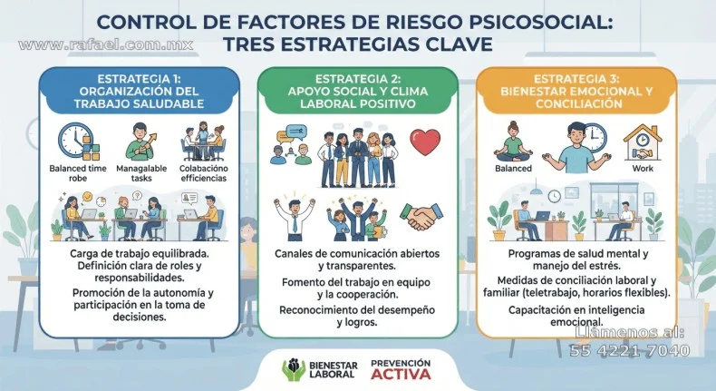 Ejemplo del CONTROL DE FACTORES DE RIESGO PSICOSOCIAL, donde se muestran 3 estrategias clave: 1, Organización de trabajo 
         saludable; 2, Apoyo social y clima laboral positivo; 3, Bienestar emocional y conciliación.