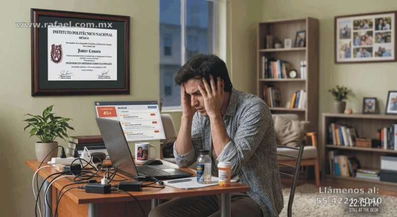 Ejemplo de un Trabajador estresado por el trabajo excesivo en modalidad del teletrabajo, mas de las 22:00 horas y aún se 
         encuentra laborando.
