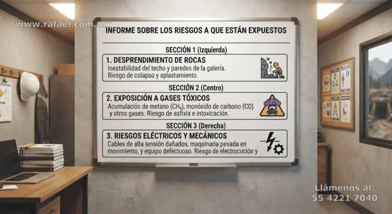 Ejemplo de un Listado de los principales riesgos que se presentan en las minas de carbón subterráneas: 1. Desprendimiento de 
         roca, 2. Exposición a gases tóxicos, 3. Riesgos eléctricos y mecánicos.