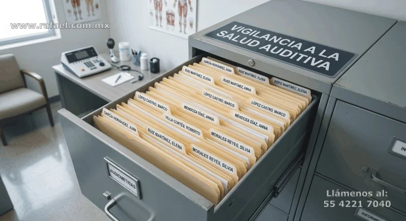 Archivero mostrando los expedientes de la vigilancia a la salud de los trabajadores expuestos a ruido