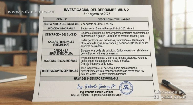 Ejemplo de un Informe de investigación de un accidente ocurrido en el interior de una mina de carbón, cuyo contenido es: 
         1. Fecha y hora del incidente, 2. ubicación geográfica, 3. descripción del suceso, 4. causas principales, 5. daños a la infraestructura, 
         6. acciones recomendadas, 7. observaciones generales.