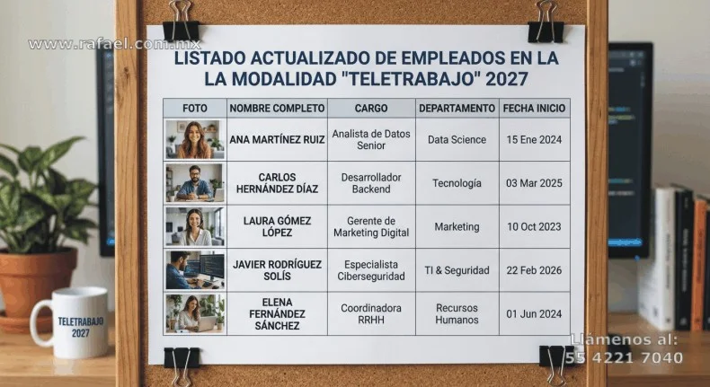 Ejemplo de un listado del personal que desempeñe su trabajo en modalidad de teletrabajo, conforme a la NOM-037-STPS-2023.