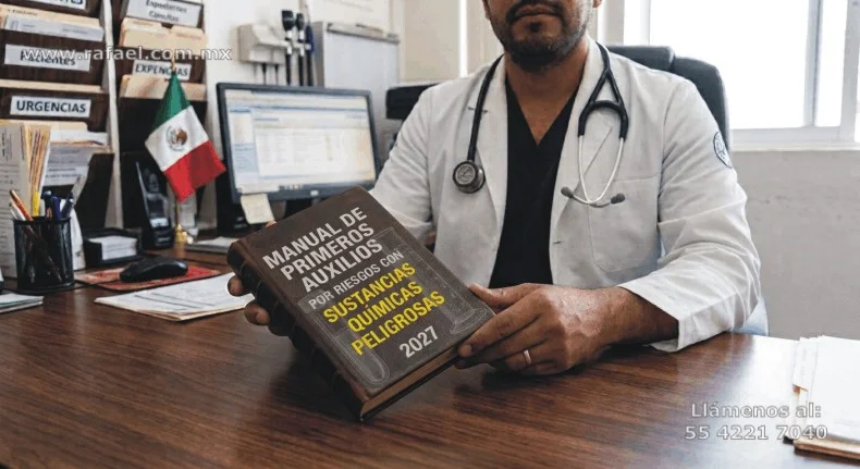 Médico industrial exhibiendo el manual de primeros auxilios por riesgos con sustancias químicas peligrosas