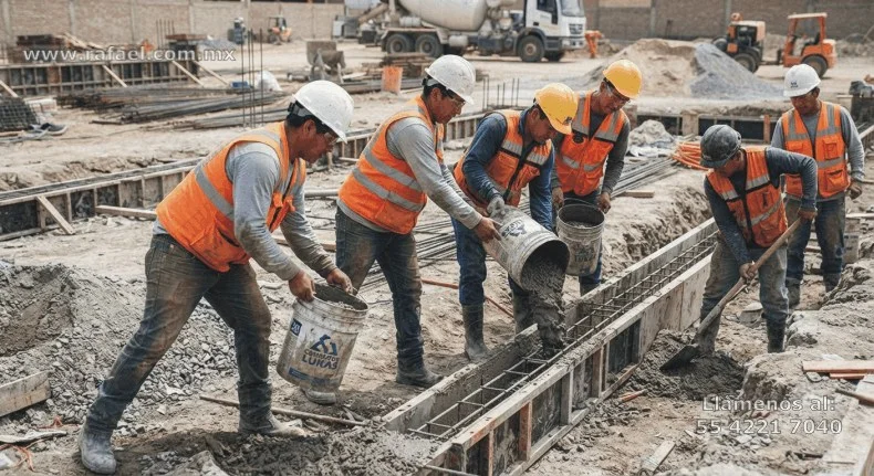 Ejemplo de un equipo de trabajadores realizando el acarreo de concreto, de manera manual, siguiendo las medidas de prevención 
         ergonómicas, indicadas en la Norma oficial mexicana.