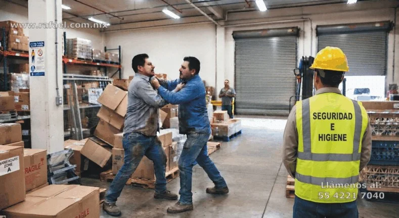 Ejemplo de riesgo psicológico, producto de una pelea en áreas de trabajo. Encargado de seguridad e higiene tomando nota para 
         implementar medidas para prevenir la violencia en el entorno de la empresa.