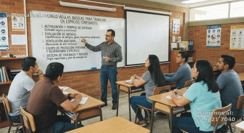 Instructor exponiendo 5 reglas básicas para trabajos en espacios confinados, según NOM-033-STPS-2015.