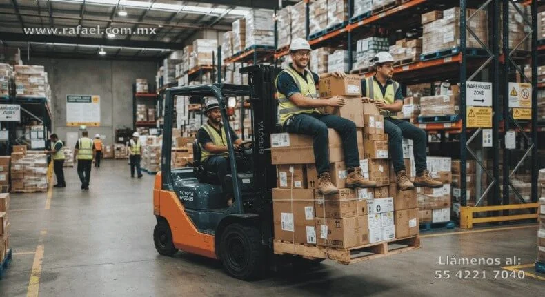 Trabajadores sentados en la carga que transporta el montacargas, mientras circula por el almacén
