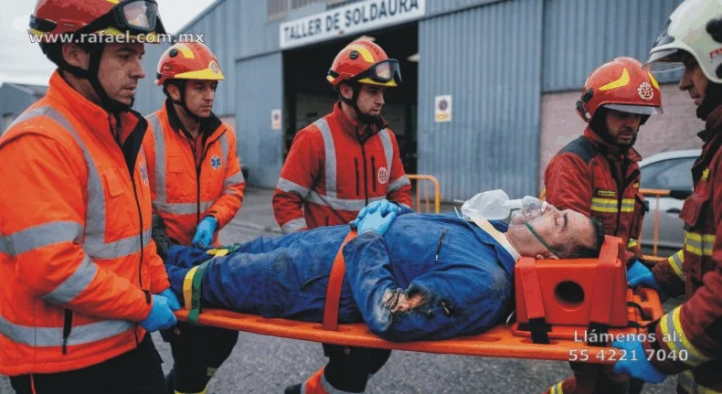 Trabajador siendo trasladado después de sufrir un accidente al realizar trabajos de soldadura