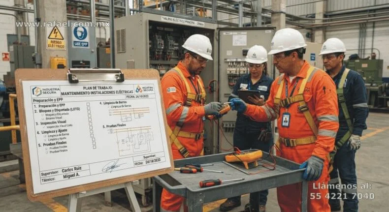 Ejemplo de plan de trabajo de mantenimiento de instalaciones eléctricas, ingenieros realizando la distribución del trabajo 
         entre los diferentes miembros de la empresa.