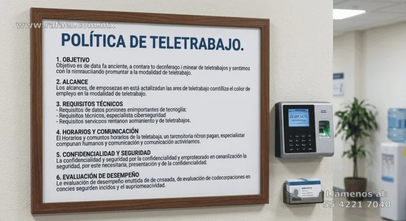 Ejemplo de Política de teletrabajo a implementarse, misma que indica Objetivo, Alcnace, Requisitos técnicos, Horarios y 
         comunicación, Confidencialidad y seguridad, y Evaluación de desempeño.