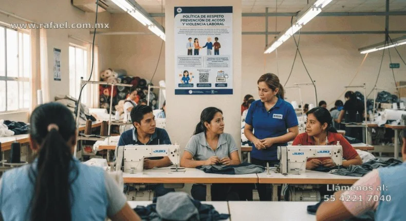 Ejemplo de un Letrero exhibiendo las políticas de respeto, prevención de acoso y violencia laboral en la empresa, y 
         encargada de seguridad e higiene indicando a los trabajadores la forma adecuada de cómo proceder.