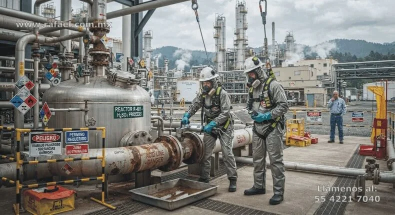 Ingenieros revisando fuga de ácido en una linea del proceso, para evitar riesgo de accidentes mayores.