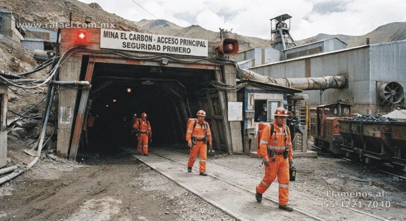 Ejemplo de Trabajadores evacuando una mina de carbón al ser activada la alarma audible y visible, llegando a salvo hasta el 
         exterior de un tunel de la mina.
