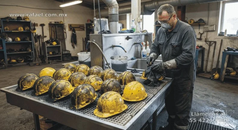 Ejemplo de los Procedimientos del uso, revisión, reposición, mantenimiento y disposición del equipo de protección personal. 
         De manera en particular cascos de seguridad impregnados de grasa y ollín de carbón.
