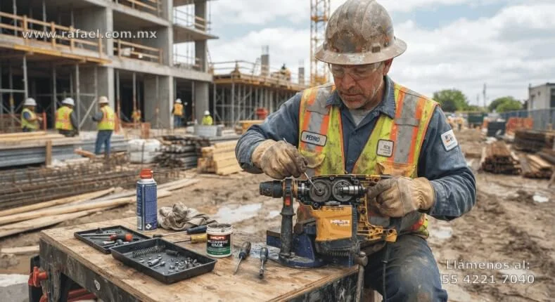 Ejemplo de un Trabajador dando mantenimiento a un equipo eléctrico empleado en una obra de construcción grande.
