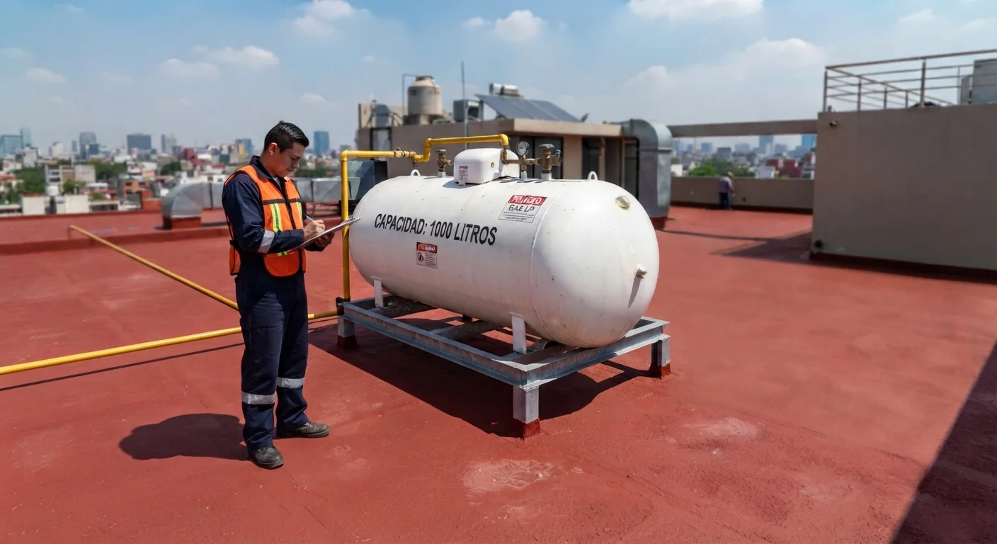 Técnico especializado inspeccionando líneas de gas LP y conexiones en el centro de trabajo