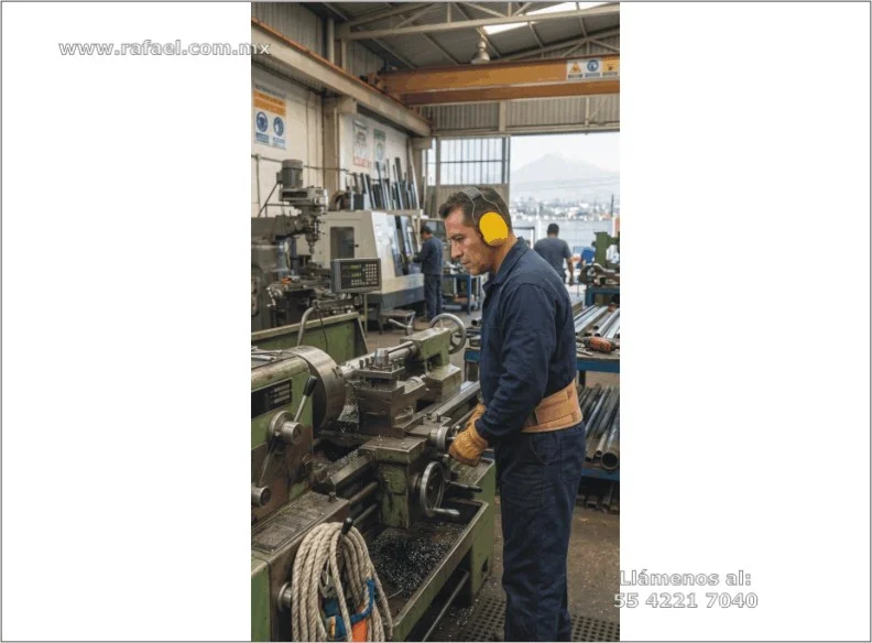 Operador de maquina operando torno con equipo de protección completo y conchas de protección auditiva