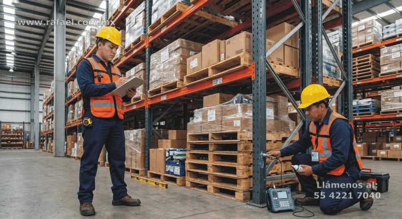 Técnicos estructuristas revisando espesores de las piernas de racks industriales