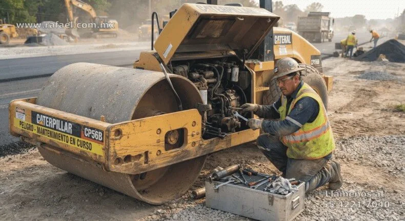 Ejemplo de un Programa para la revisión dy mantenimiento de la maquinaria. En particular, un Trabajador dando mantenimiento a 
         una aplanadora empleada en la construcción de una carretera.