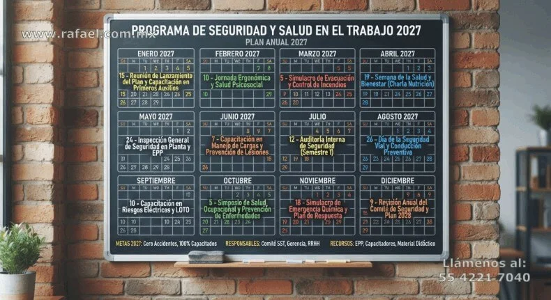 Ejemplo de un Programa de seguridad y salud calendarizado para todo el año de 2027. Revisando capacitación, simulacros, 
         ergonomía, emergencias y procesos de revisión.