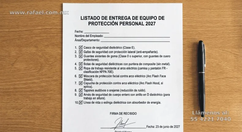 Ejemplo de una Relación de equipo de protección personal para mantenimiento eléctrico, y firma de recibido. Conteniendo: casco, 
         gafas de seguridad, guantes aislantes, ropa de trabajo, máscara de protección facial, tapones auditivos, arnés de seguridad, y 
         linea de vida.