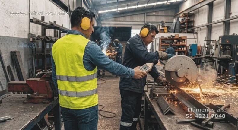 Ingeniero realizando el Reconocimiento del ruido en todas las áreas del centro de trabajo