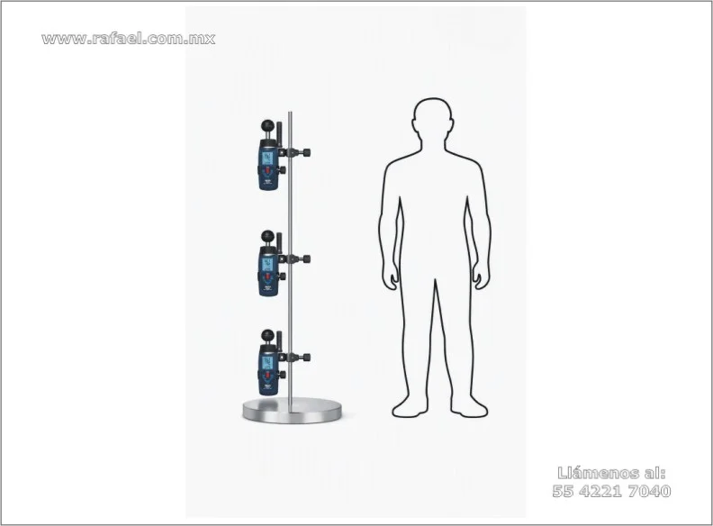 Ejemplo del monitoreo de Termómetros digitales colocados en una estructura fija para realizar mediciones en tobillos, cintura y 
         cabeza de un trabajador. Y determinar el confort térmico en el interior de una mina de carbón.