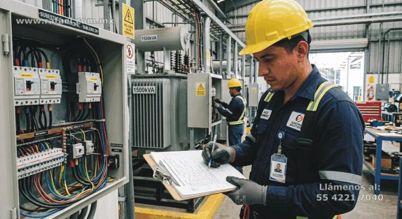 Ingeniero realizando el Registro del mantenimiento a las instalaciones eléctricas, por medio de una lista de verificación