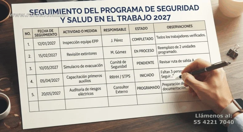 Ejemplo de un Reporte del seguimiento de la instauración del programa de seguridad y salud en el trabajo, mismo que contiene fecha 
         del seguimiento, actividad o medida, nombre del responsable, estado que guarda y observaciones.